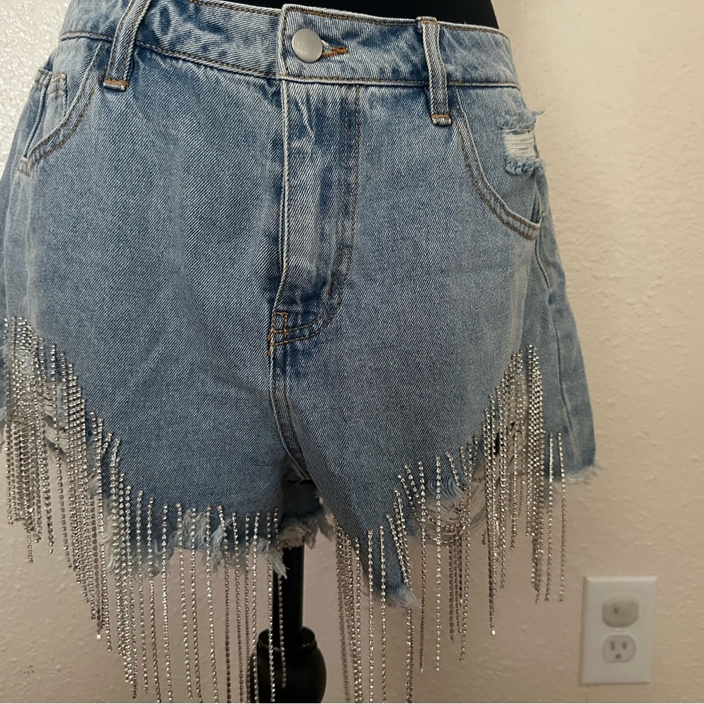 Fashion Nova Light Blue Denim Shorts with Fringe “Cam through Dripping”